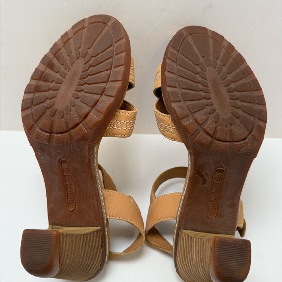 Timberland Womens Sz 8.5 Sandals Heels Tan Leather Ankle Strap Open Toe - Picture 7 of 10